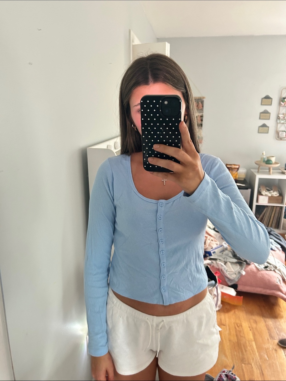 a new day Light Blue Long-Sleeve Button Crop Top